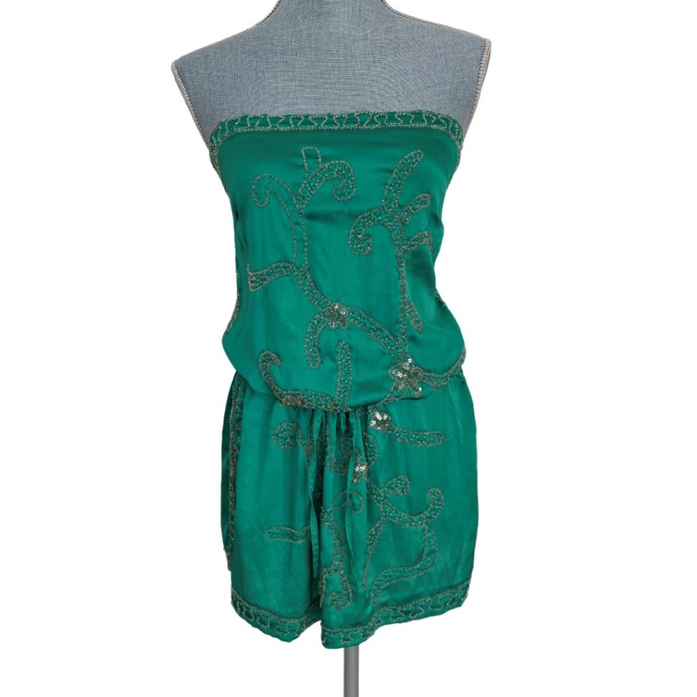 Lipsy Women Off Shoulder Mini Strapless Dress Beaded Tie Waist Green Size M/ L